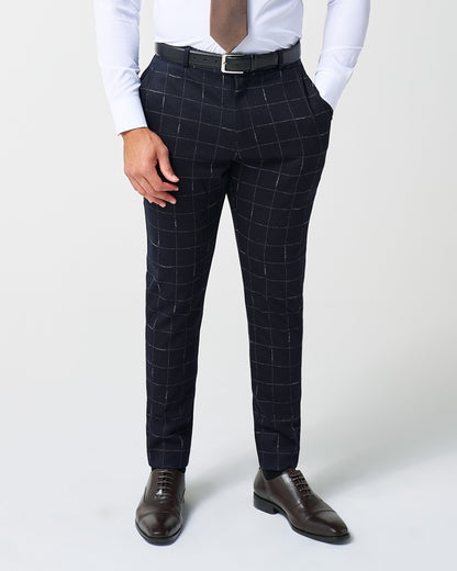 State & Liberty Athletic Fit Stretch Wool Suit Pants - Midnight Navy & Chalk Windowpan