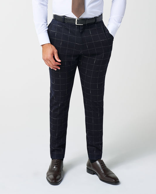 State & Liberty Athletic Fit Stretch Wool Suit Pants - Midnight Navy & Chalk Windowpan