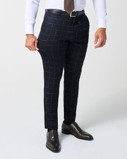 State & Liberty Athletic Fit Stretch Wool Suit Pants - Midnight Navy & Chalk Windowpan