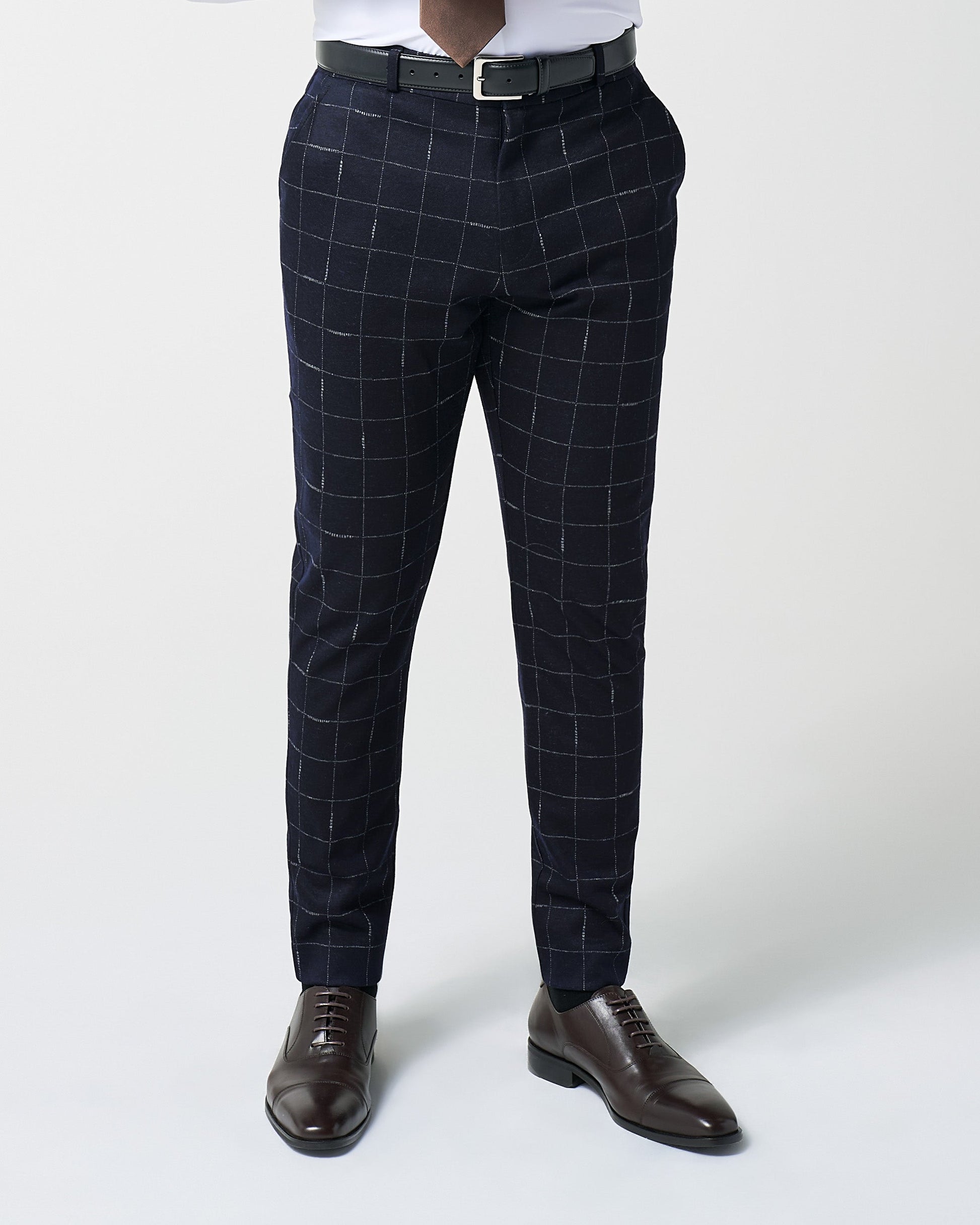 State & Liberty Athletic Fit Stretch Wool Suit Pants - Midnight Navy & Chalk Windowpan