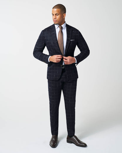 State & Liberty Athletic Fit Stretch Wool Suit Pants - Midnight Navy & Chalk Windowpan