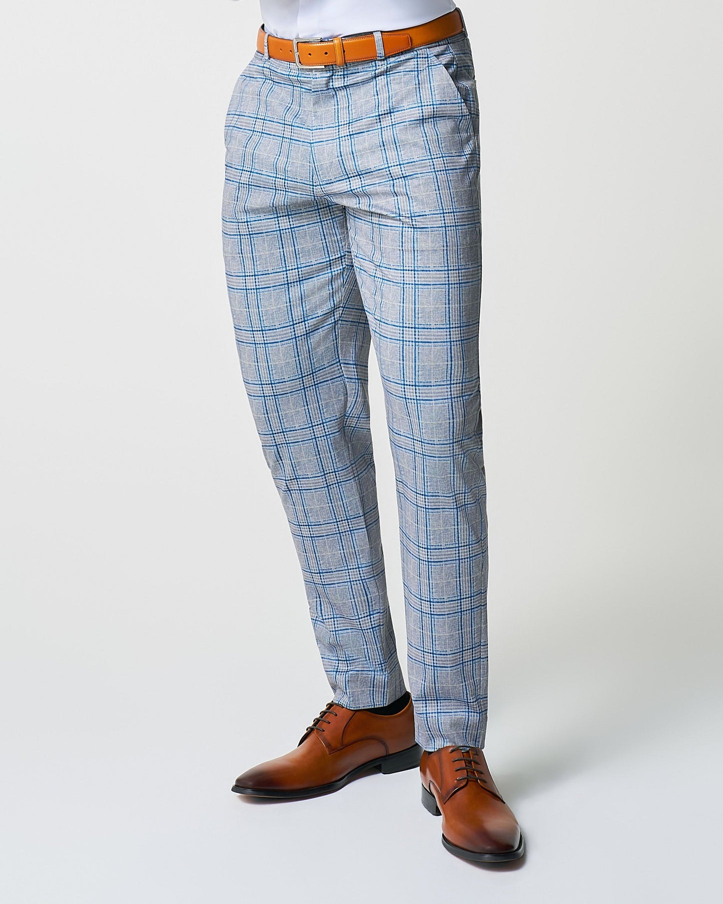 State & Liberty Athletic Fit Stretch Suit Pants - Grey & Royal Blue Plaid
