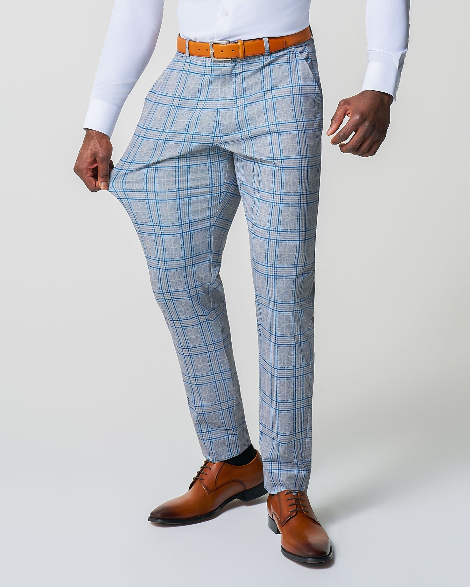 State & Liberty Athletic Fit Stretch Suit Pants - Grey & Royal Blue Plaid
