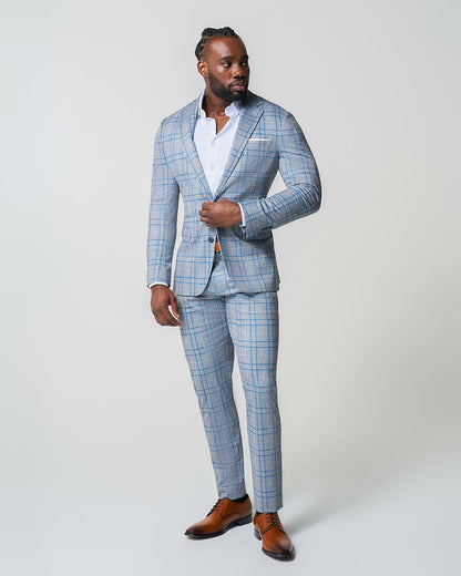 State & Liberty Athletic Fit Stretch Suit Pants - Grey & Royal Blue Plaid