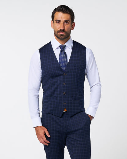 State & Liberty Athletic Fit Stretch Suit Vest - Blue Plaid