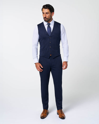 State & Liberty Athletic Fit Stretch Suit Vest - Blue Plaid