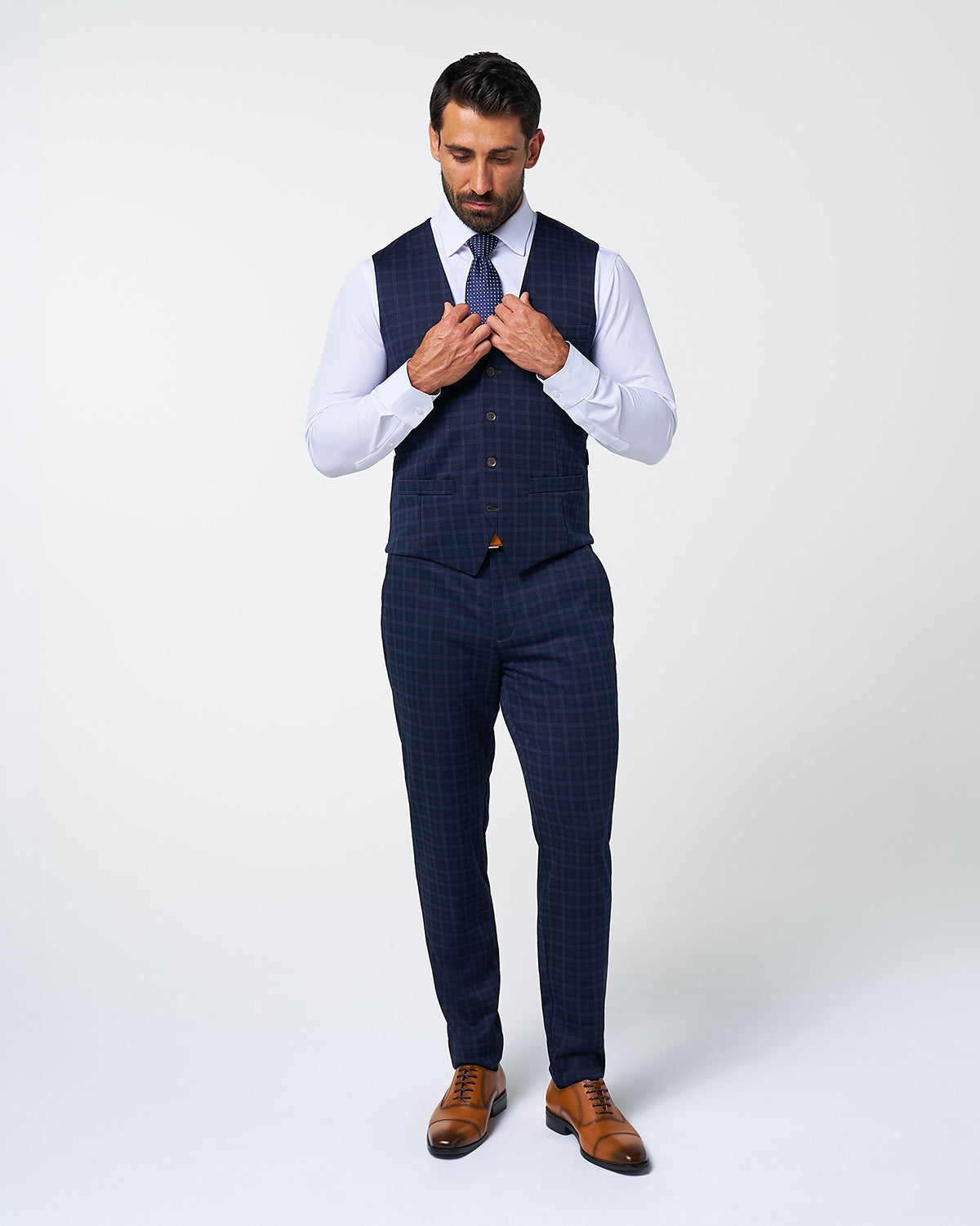 State & Liberty Athletic Fit Stretch Suit Vest - Blue Plaid
