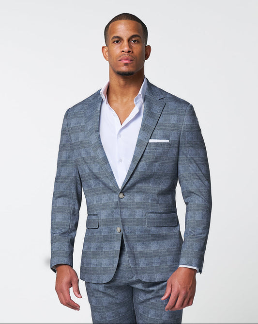 State & Liberty Athletic Fit Stretch Blazer - Knit Light Blue, Navy & White Plaid