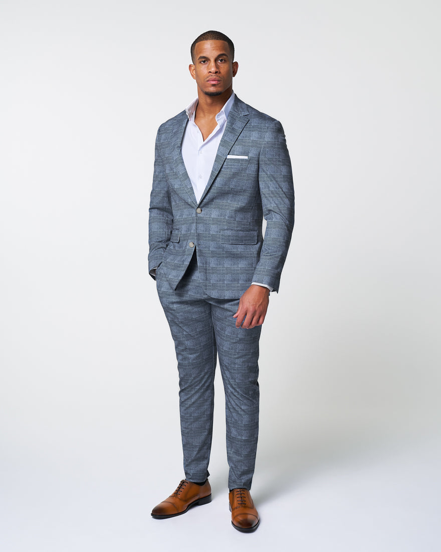 State & Liberty Athletic Fit Stretch Blazer - Knit Light Blue, Navy & White Plaid