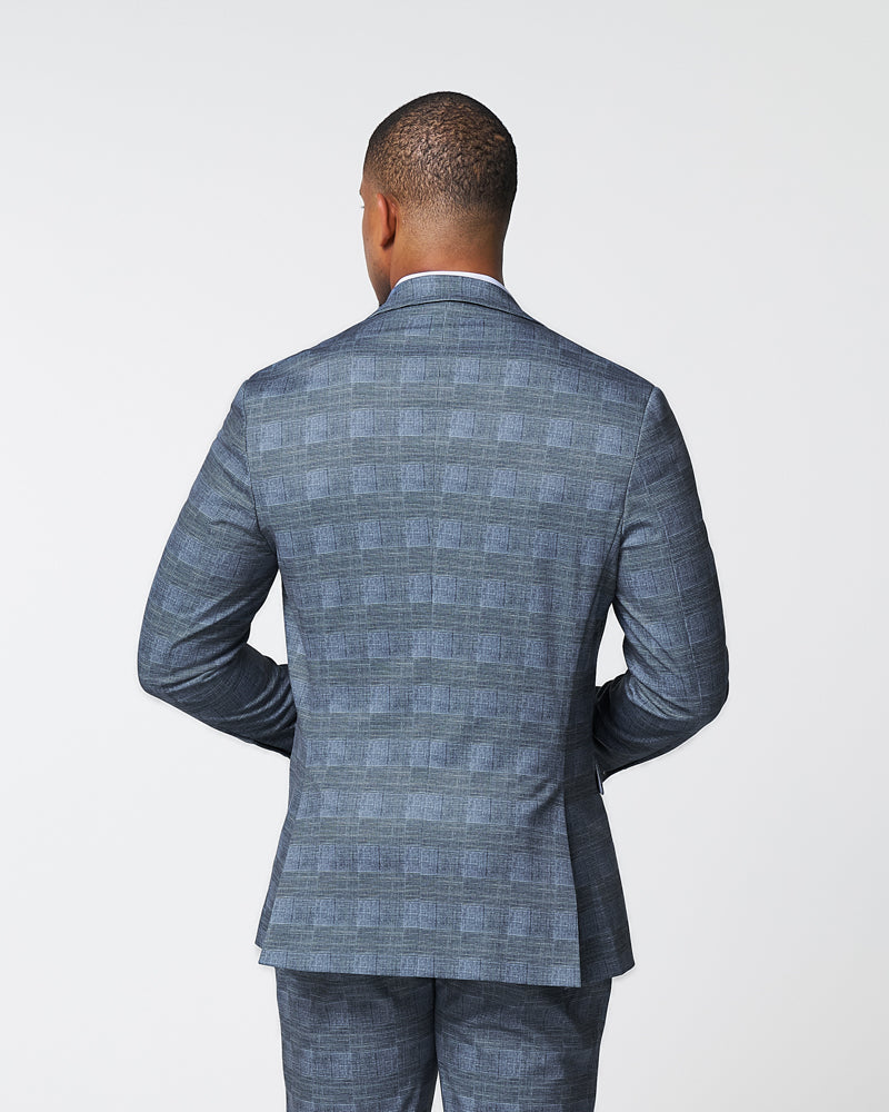 State & Liberty Athletic Fit Stretch Blazer - Knit Light Blue, Navy & White Plaid