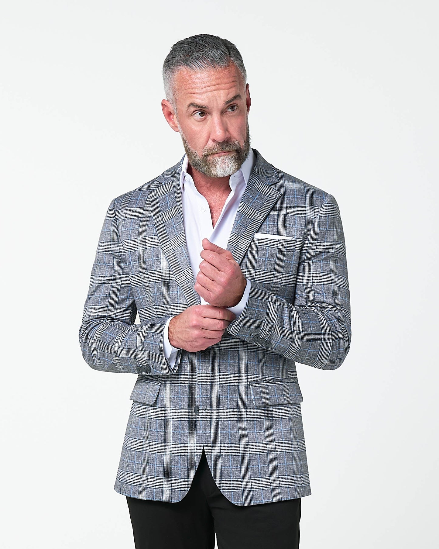 State & Liberty Athletic Fit Stretch Blazer - Grey with Blue Plaid