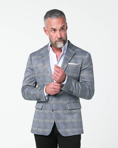 State & Liberty Athletic Fit Stretch Blazer - Grey with Blue Plaid