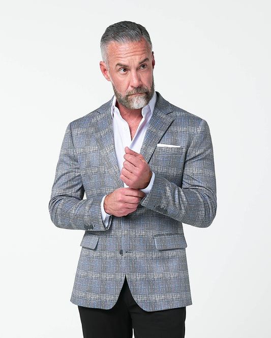 State & Liberty Athletic Fit Stretch Blazer - Grey with Blue Plaid