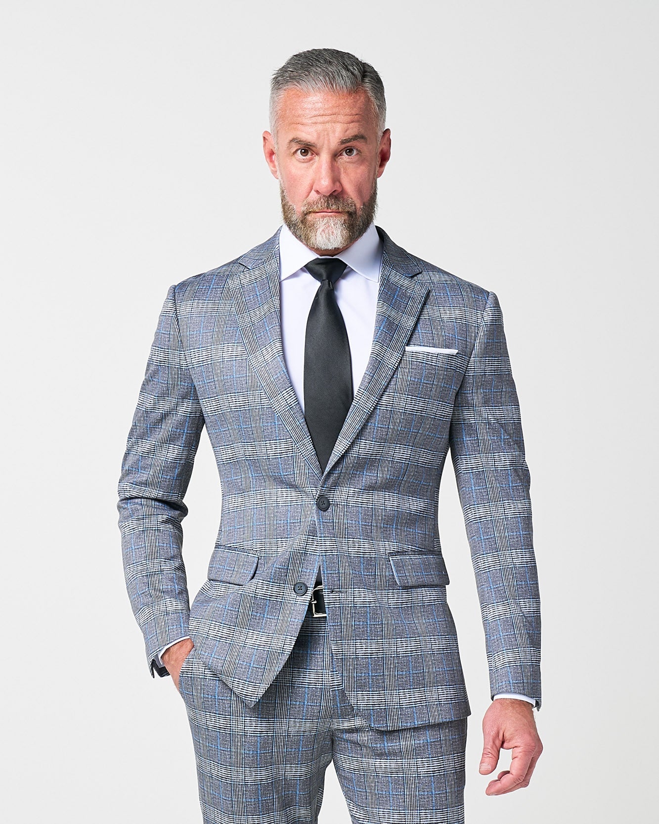 State & Liberty Athletic Fit Stretch Blazer - Grey with Blue Plaid