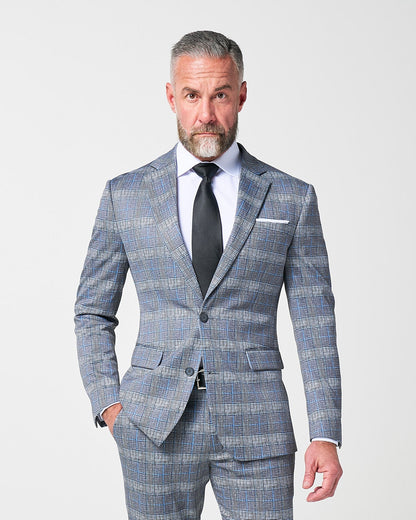 State & Liberty Athletic Fit Stretch Blazer - Grey with Blue Plaid