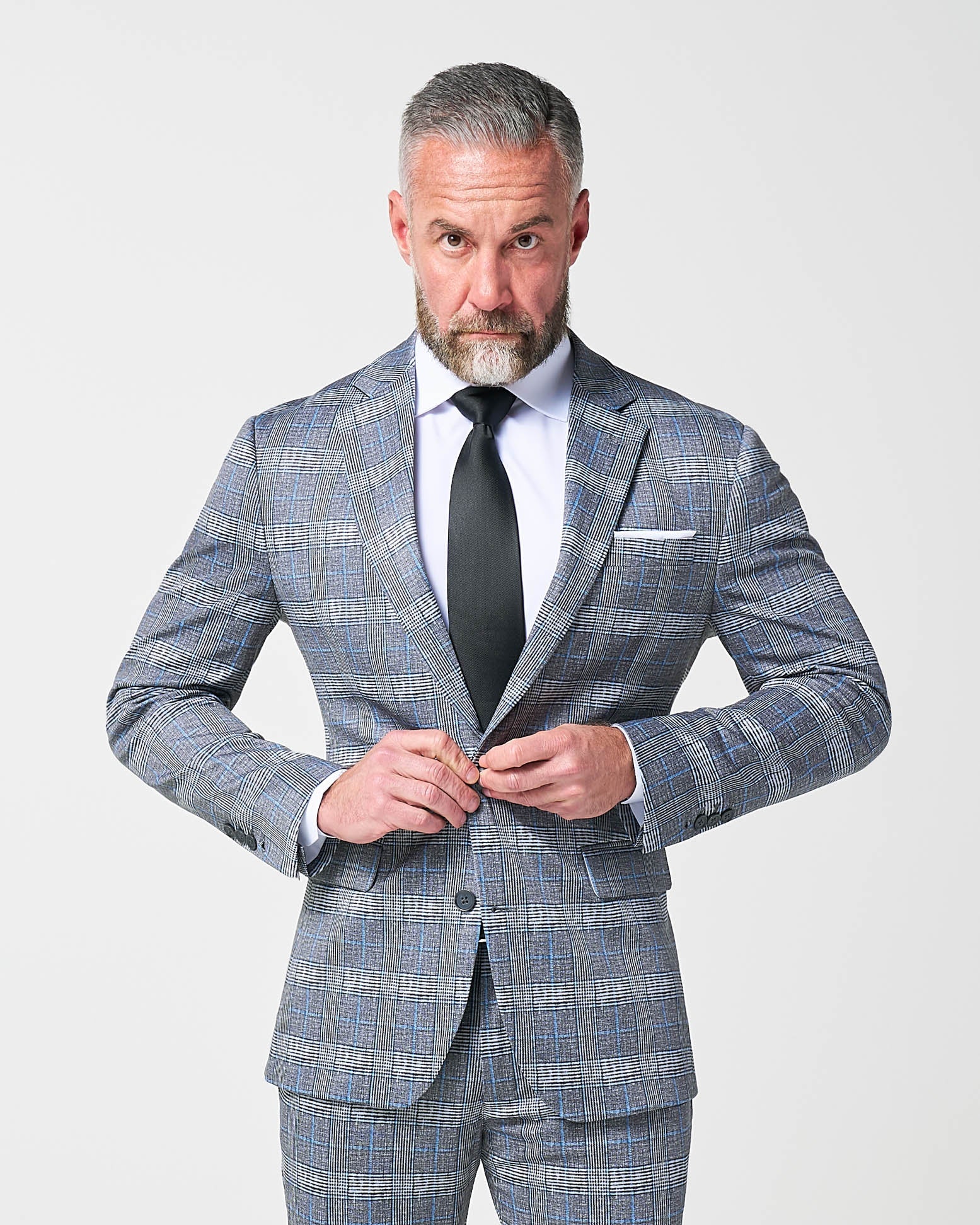 State & Liberty Athletic Fit Stretch Blazer - Grey with Blue Plaid