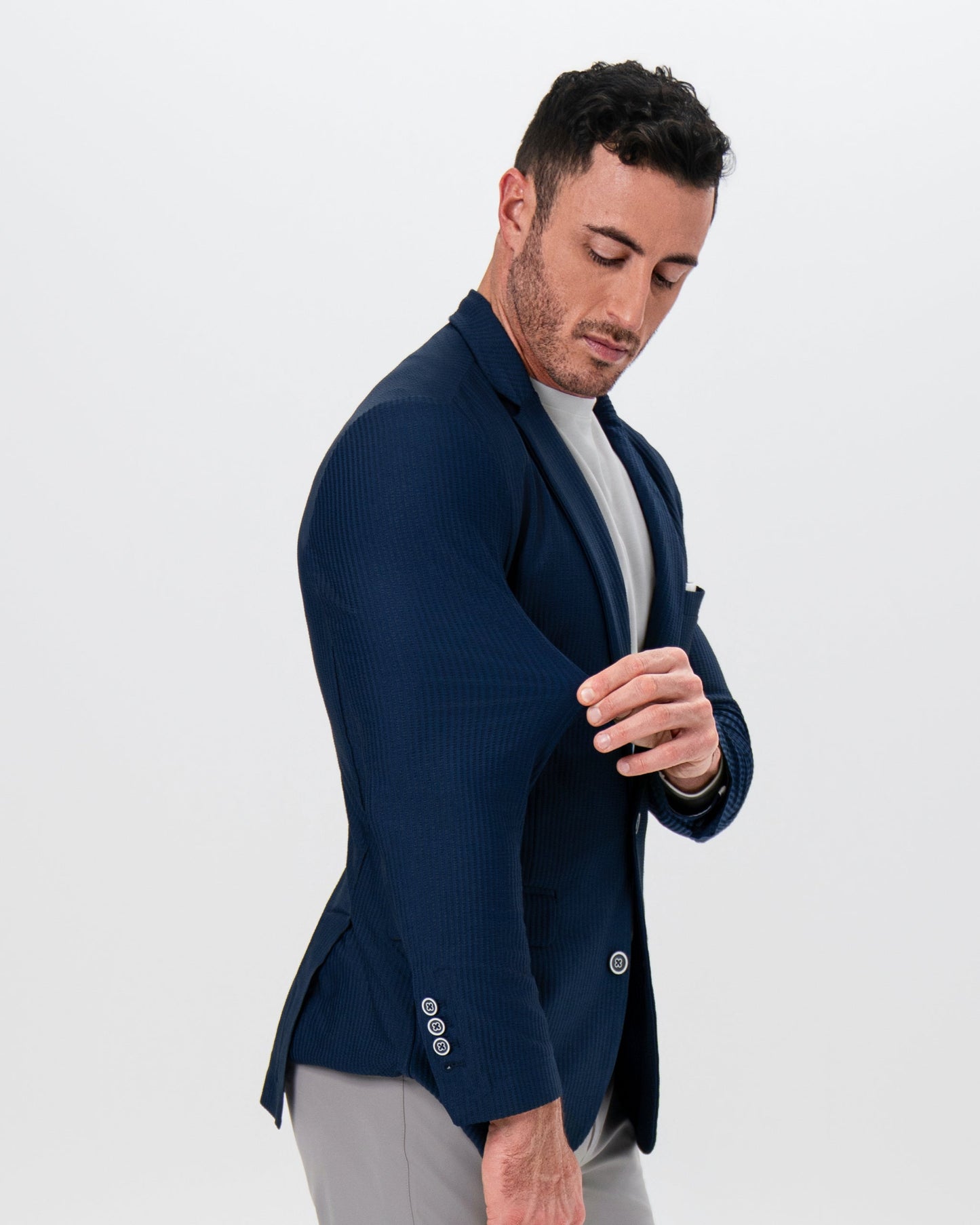 State & Liberty Athletic Fit Stretch Blazer - Navy Seersucker