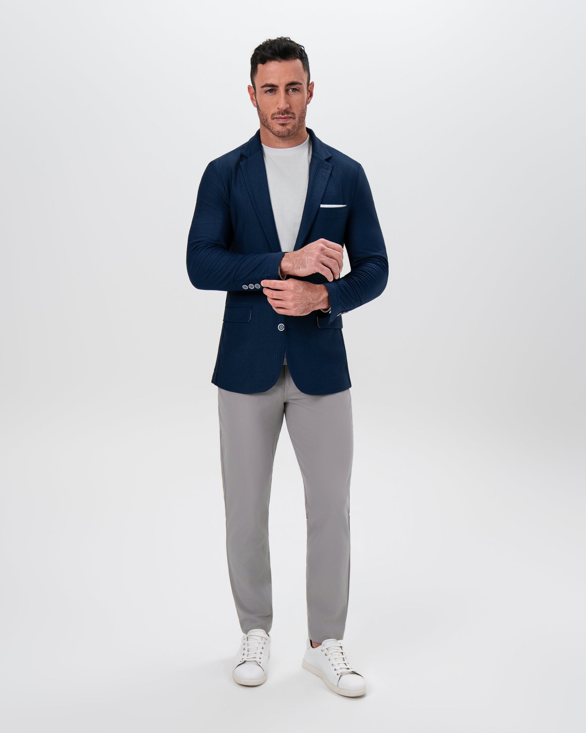 State & Liberty Athletic Fit Stretch Blazer - Navy Seersucker