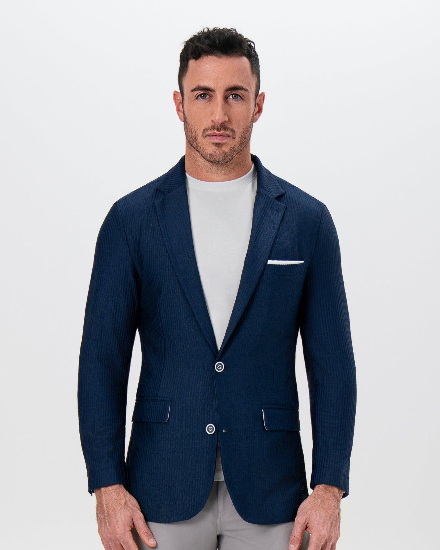 State & Liberty Athletic Fit Stretch Blazer - Navy Seersucker