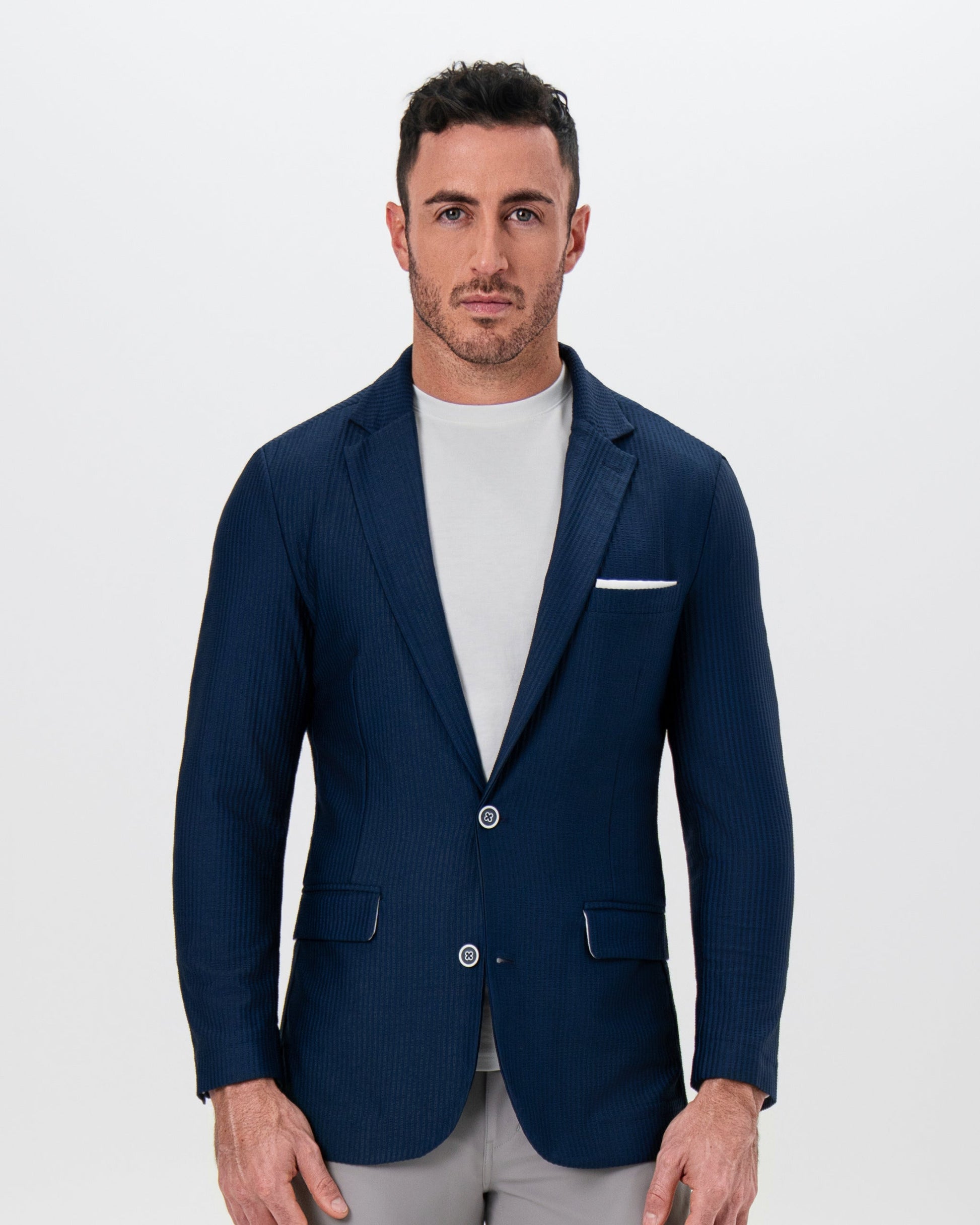 State & Liberty Athletic Fit Stretch Blazer - Navy Seersucker