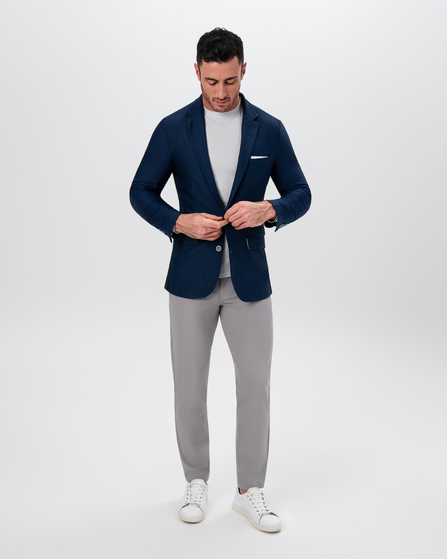 State & Liberty Athletic Fit Stretch Blazer - Navy Seersucker