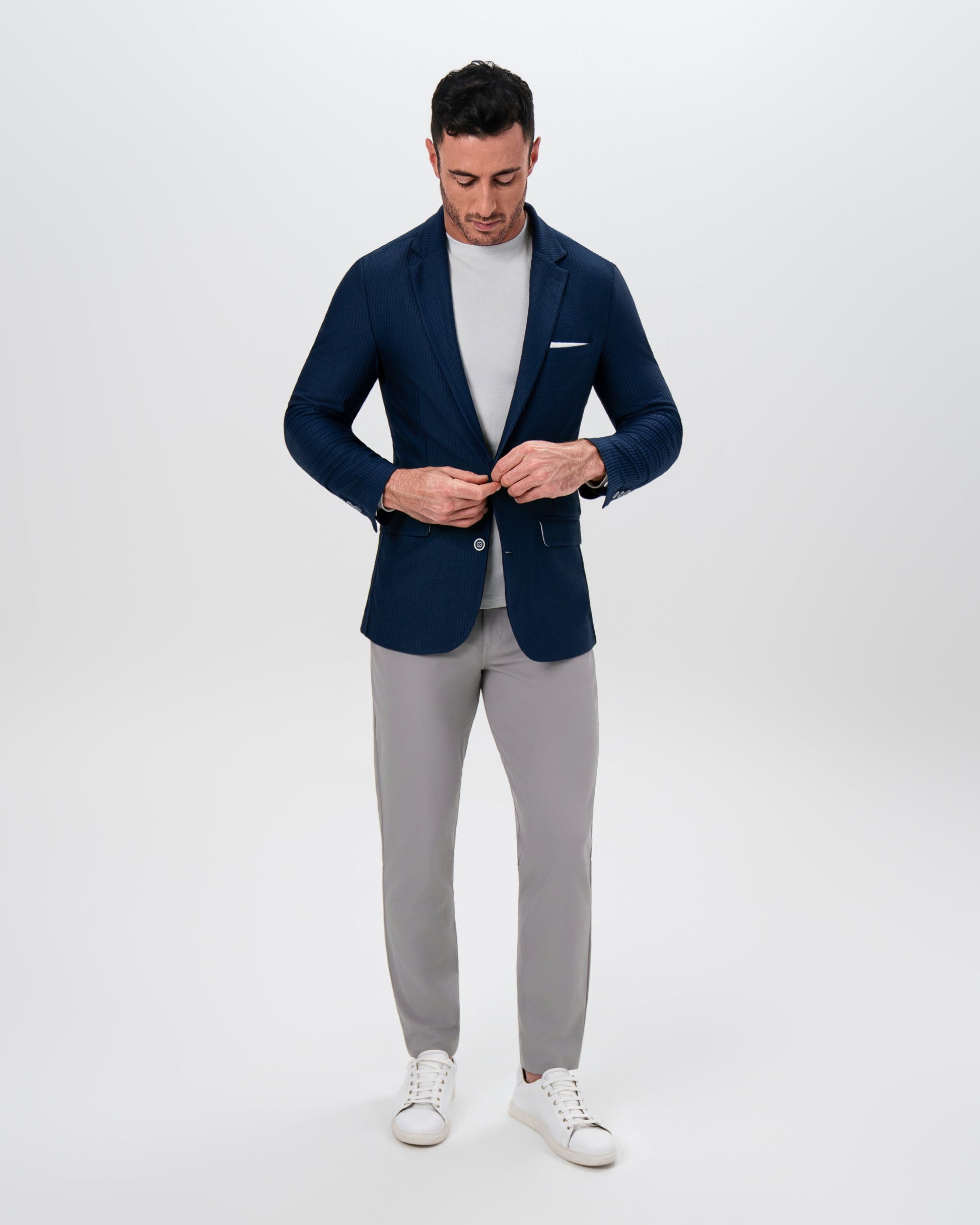 State & Liberty Athletic Fit Stretch Blazer - Navy Seersucker