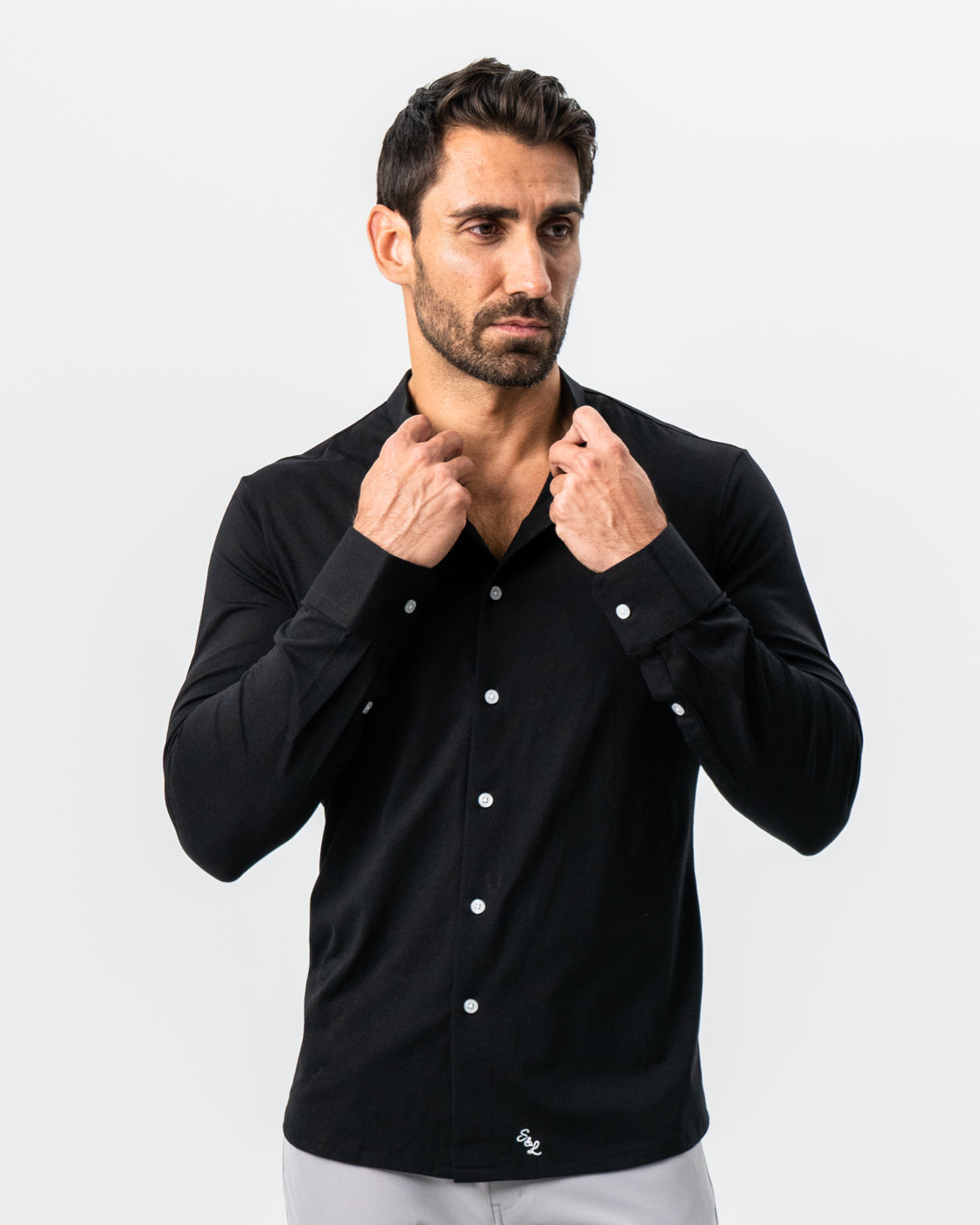 State & Liberty Banded Collar Button Down - Black