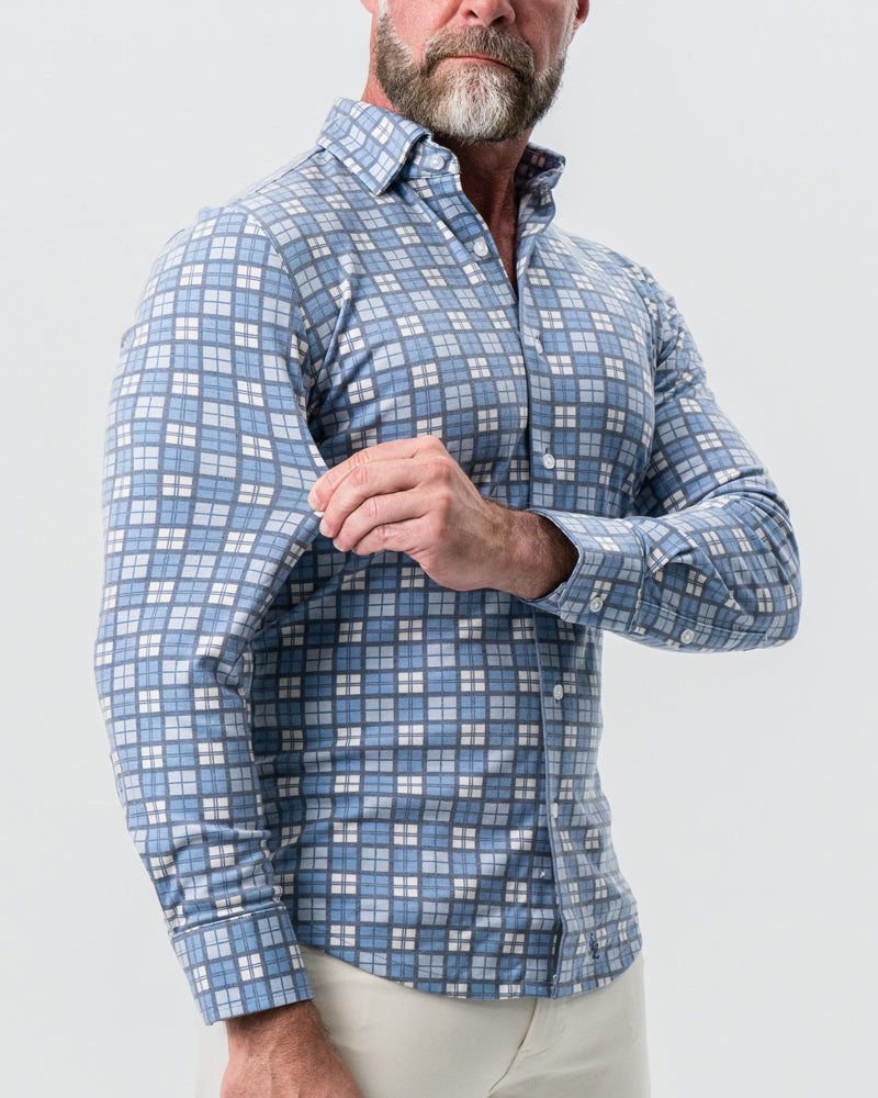 State & Liberty "The Ellis" Blue, Tan & Teal Plaid Button Down