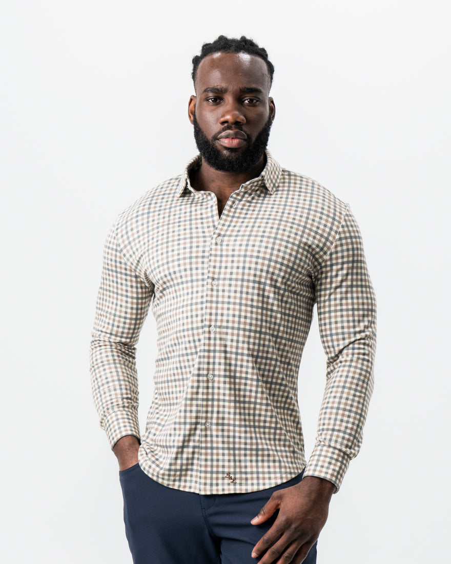 State & Liberty "The Palmer" Brown, Grey, and White Gingham Button Down