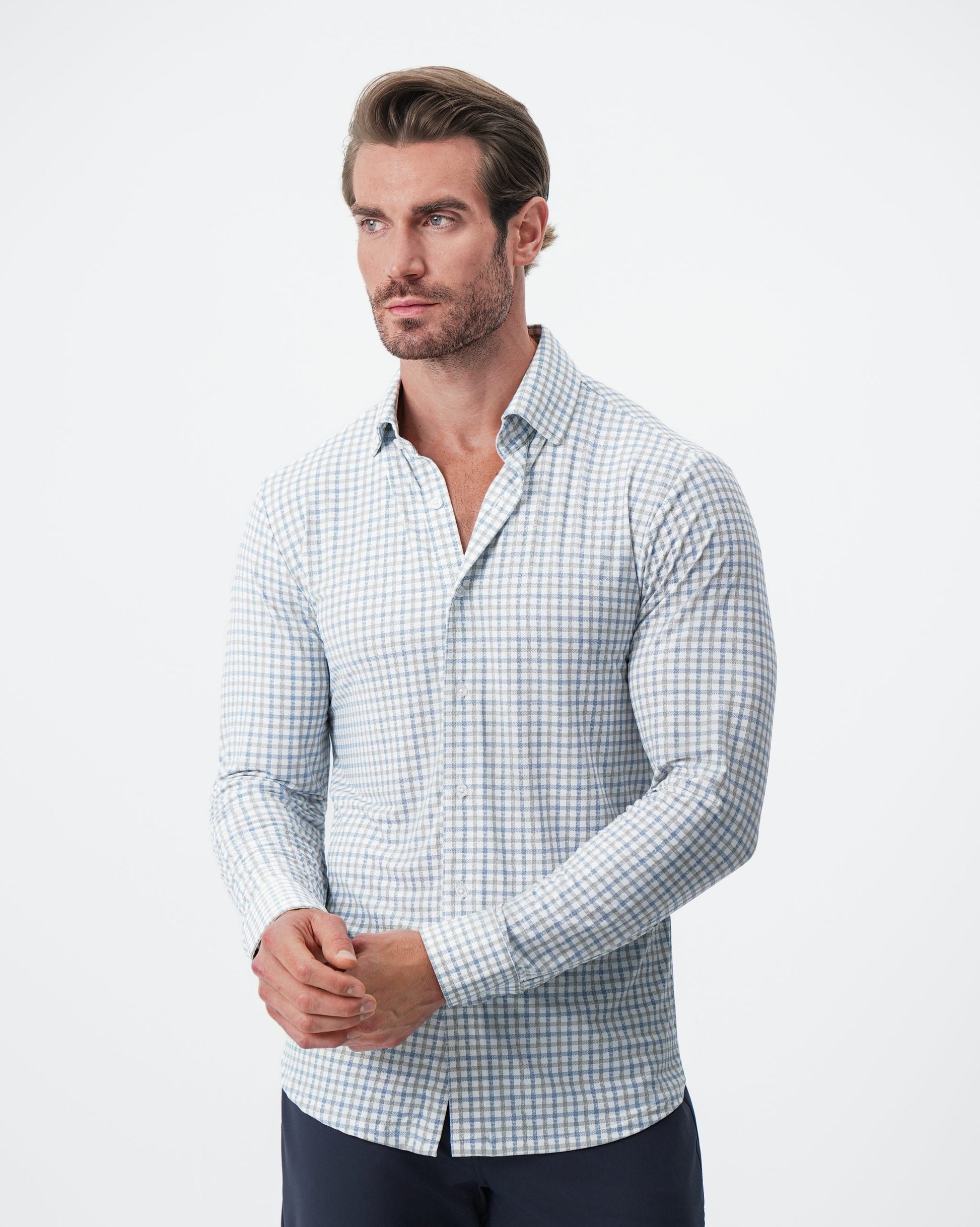 State & Liberty "The Dime" Sport Shirt - White, Grey & Light Blue Windowpane