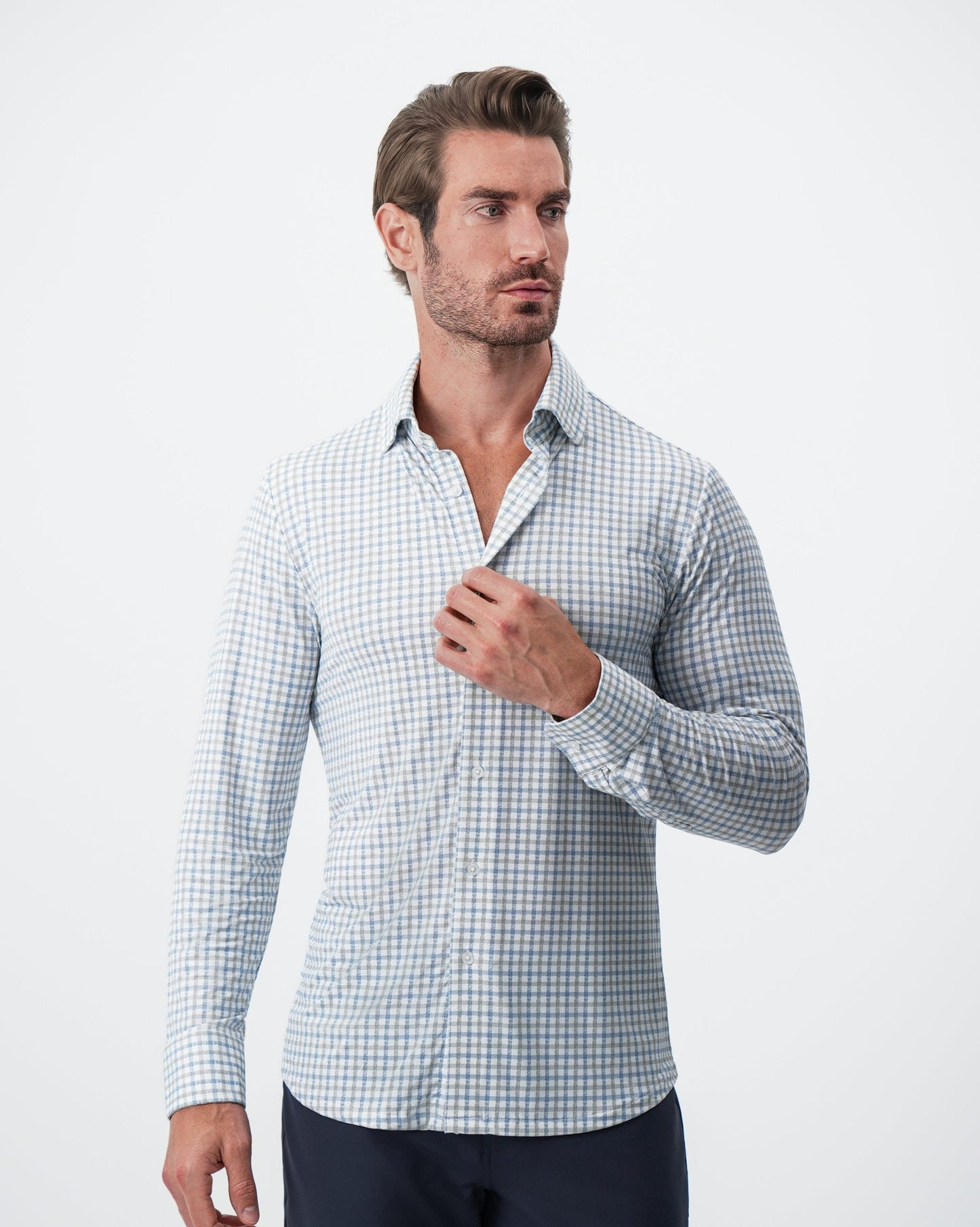 State & Liberty "The Dime" Sport Shirt - White, Grey & Light Blue Windowpane