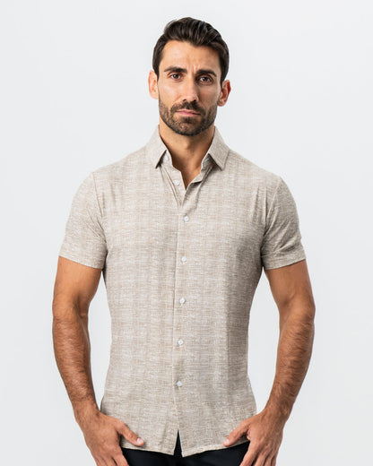 State & Liberty "The Giovanni" Printed Linen Olive Short Sleeve Button Down
