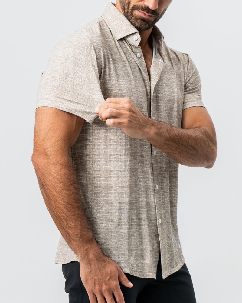 State & Liberty "The Giovanni" Printed Linen Olive Short Sleeve Button Down