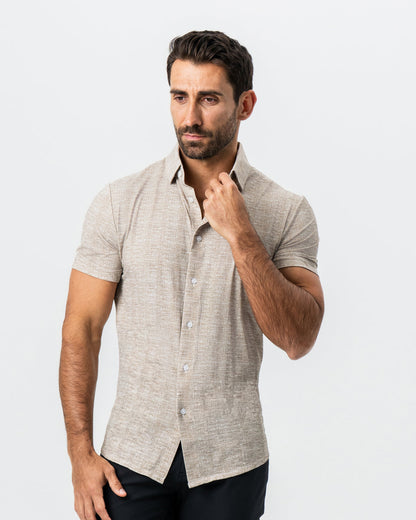 State & Liberty "The Giovanni" Printed Linen Olive Short Sleeve Button Down