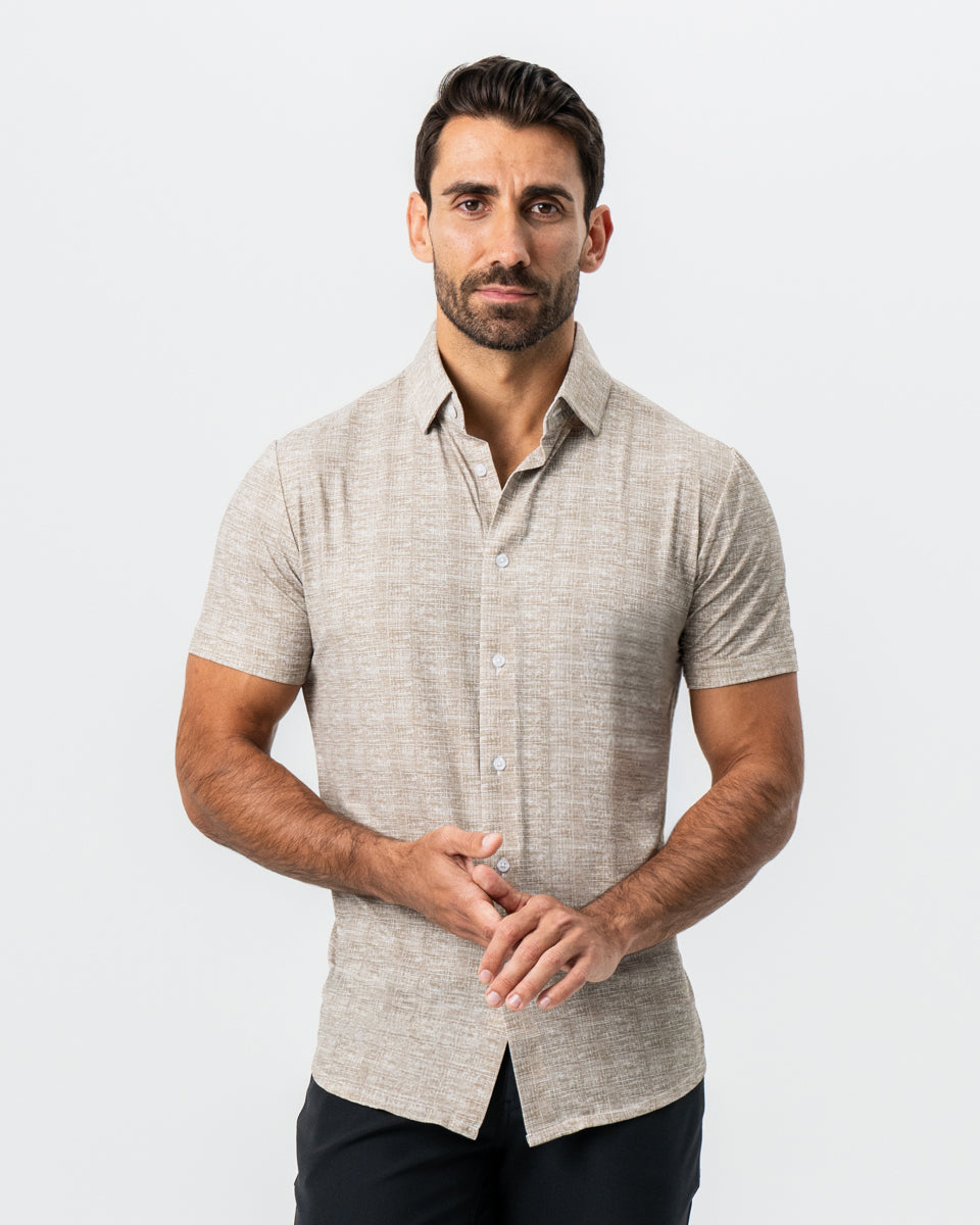State & Liberty "The Giovanni" Printed Linen Olive Short Sleeve Button Down