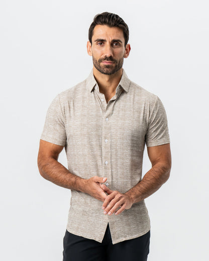 State & Liberty "The Giovanni" Printed Linen Olive Short Sleeve Button Down