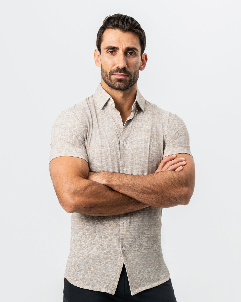 State & Liberty "The Giovanni" Printed Linen Olive Short Sleeve Button Down