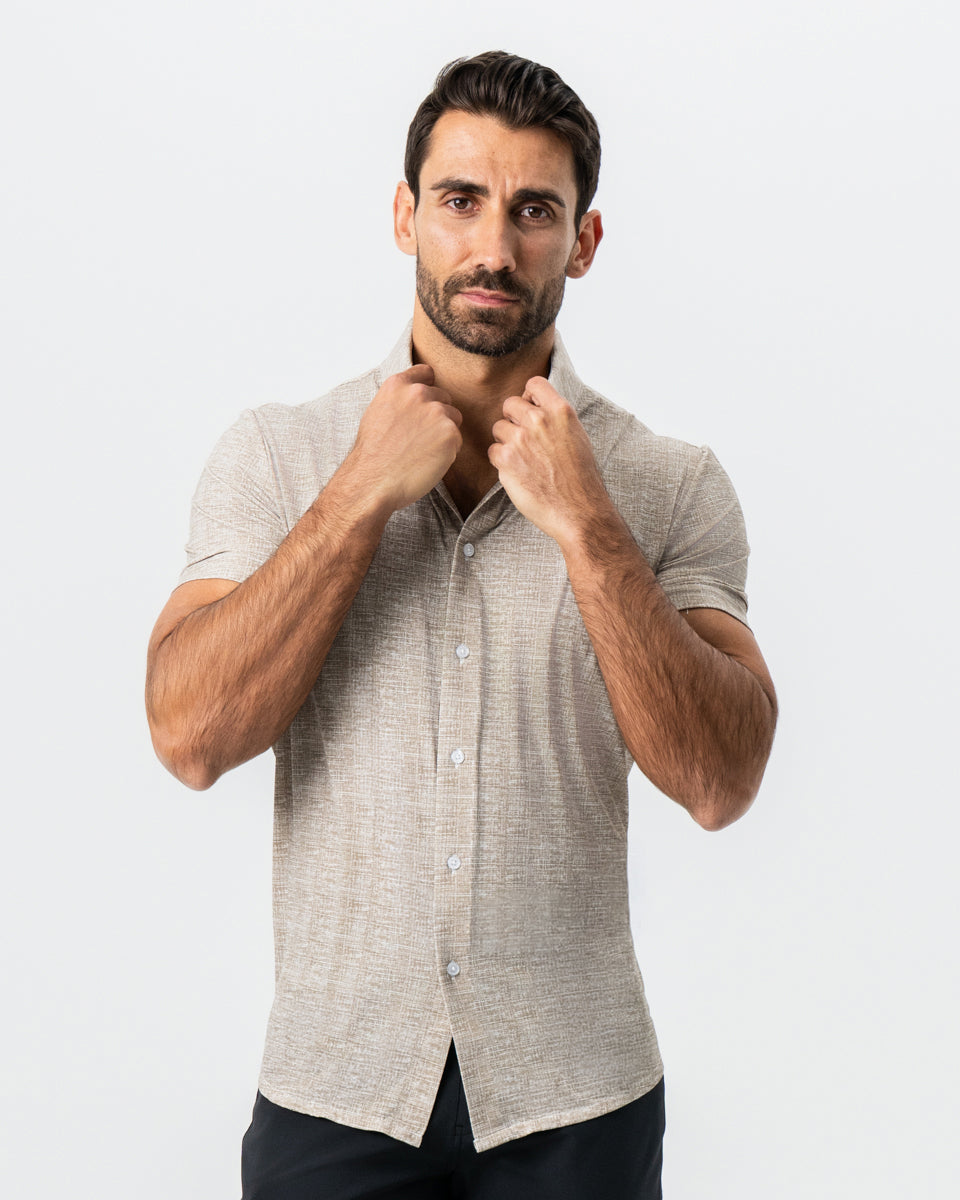 State & Liberty "The Giovanni" Printed Linen Olive Short Sleeve Button Down