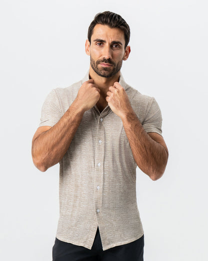 State & Liberty "The Giovanni" Printed Linen Olive Short Sleeve Button Down