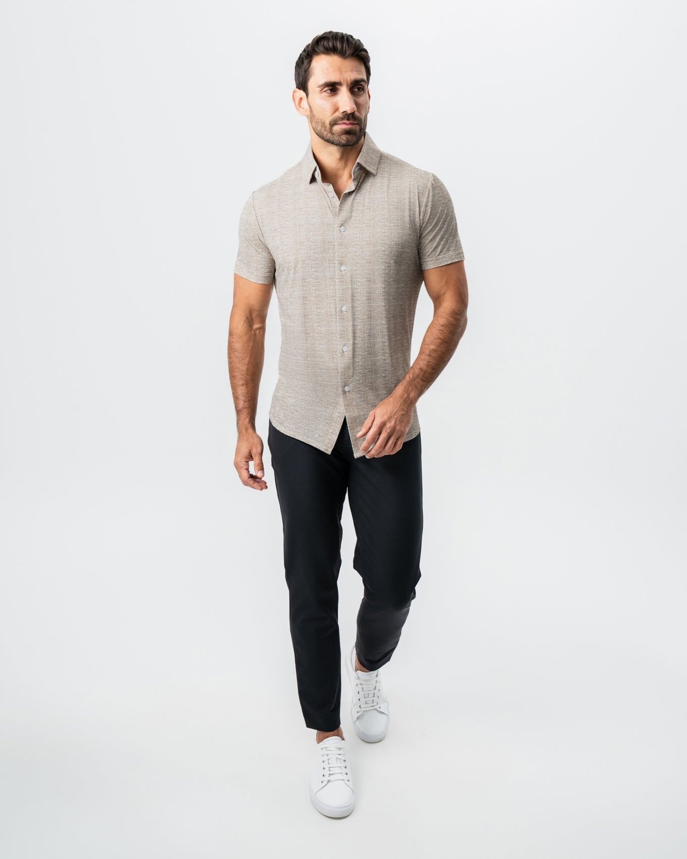 State & Liberty "The Giovanni" Printed Linen Olive Short Sleeve Button Down