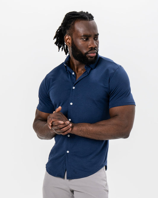 State & Liberty "The Deke" Navy Pique Short Sleeve Button Down