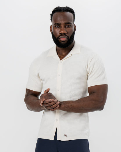 State & Liberty Textured Knit Short Sleeve Button Down - Tan