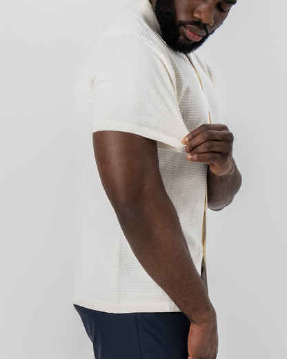 State & Liberty Textured Knit Short Sleeve Button Down - Tan