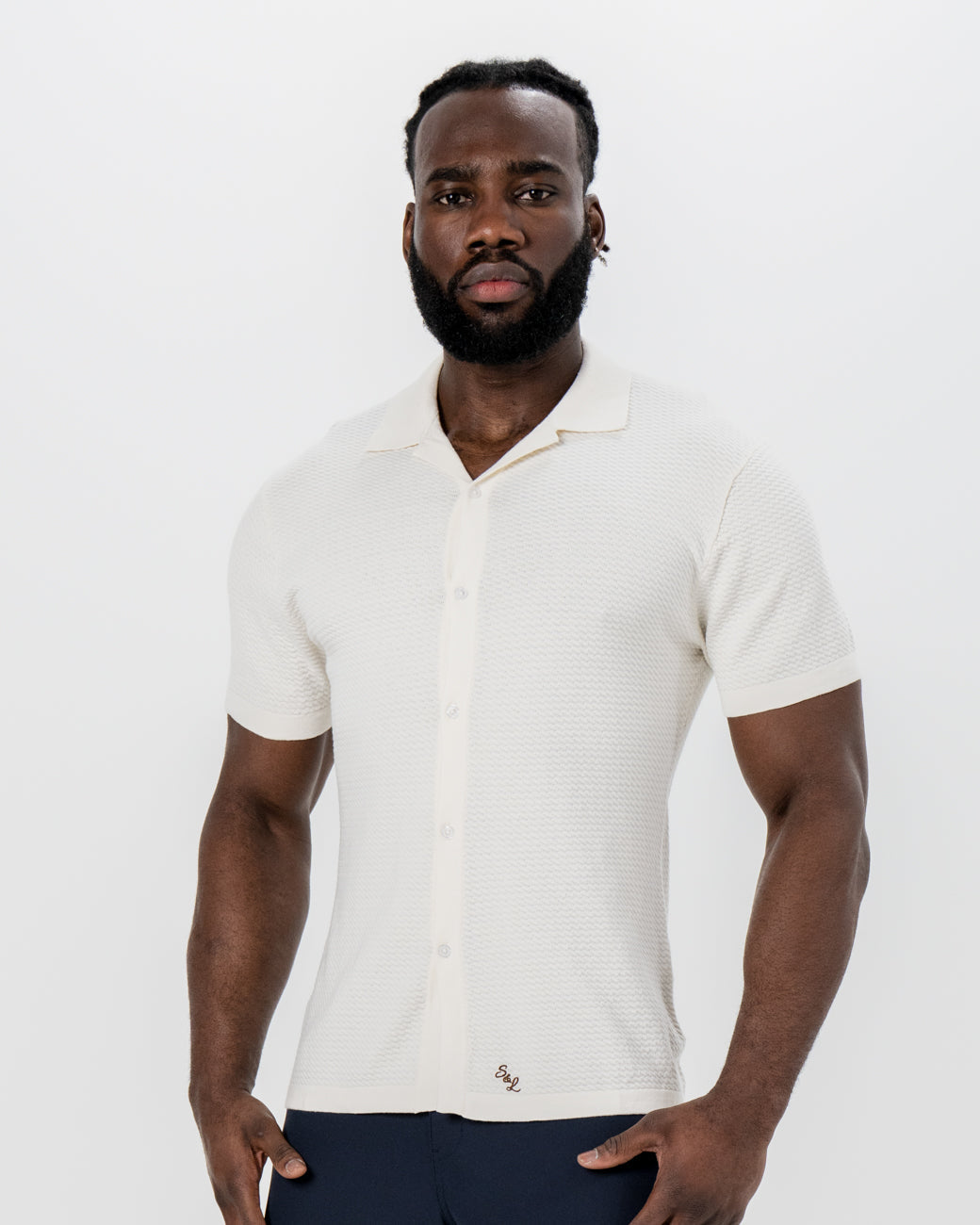 State & Liberty Textured Knit Short Sleeve Button Down - Tan