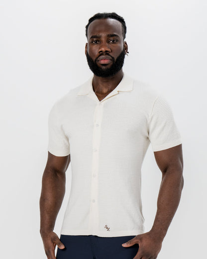 State & Liberty Textured Knit Short Sleeve Button Down - Tan
