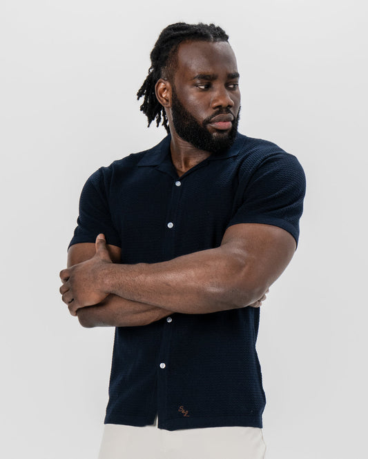 State & Liberty Textured Knit Short Sleeve Button Down - Navy