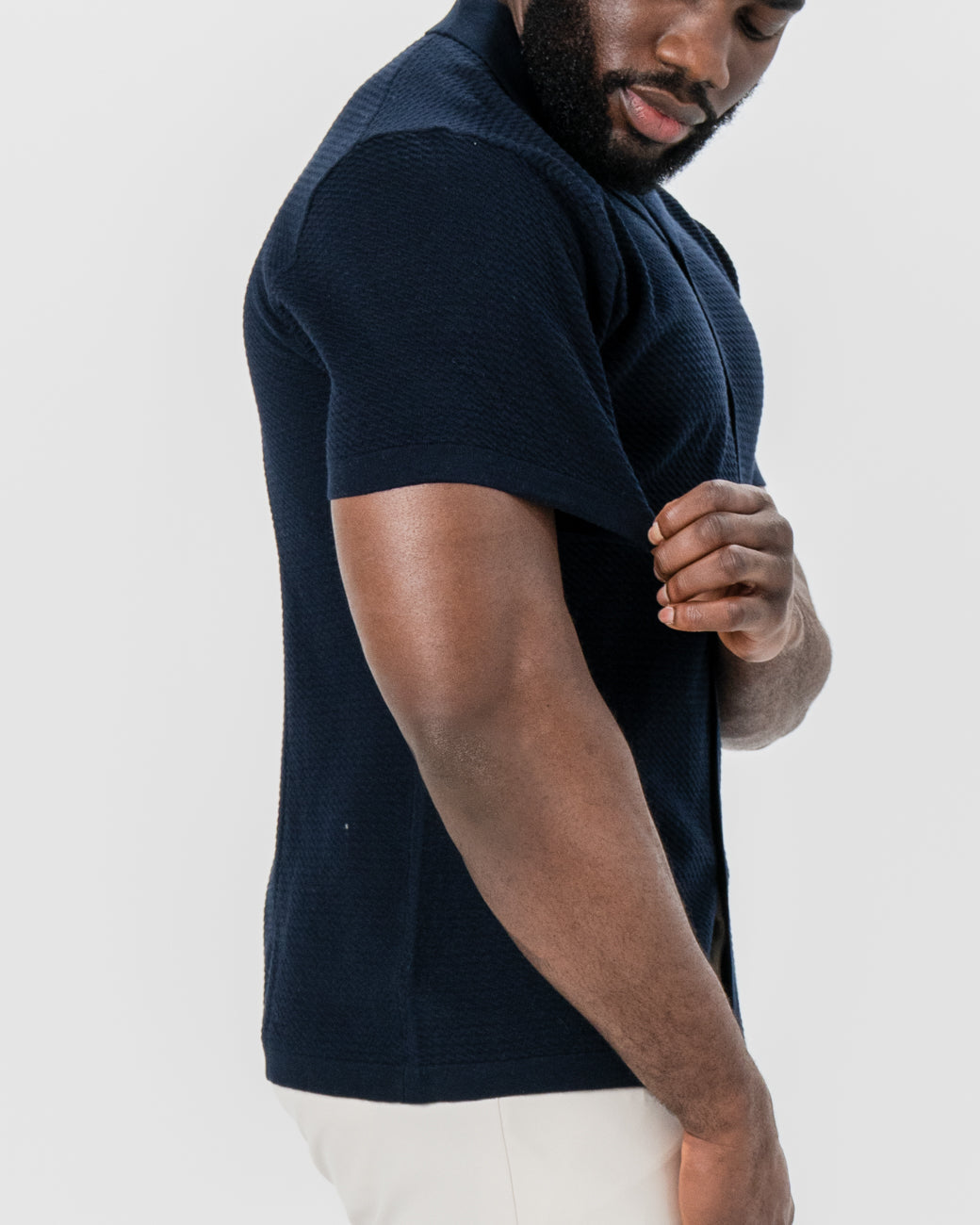 State & Liberty Textured Knit Short Sleeve Button Down - Navy