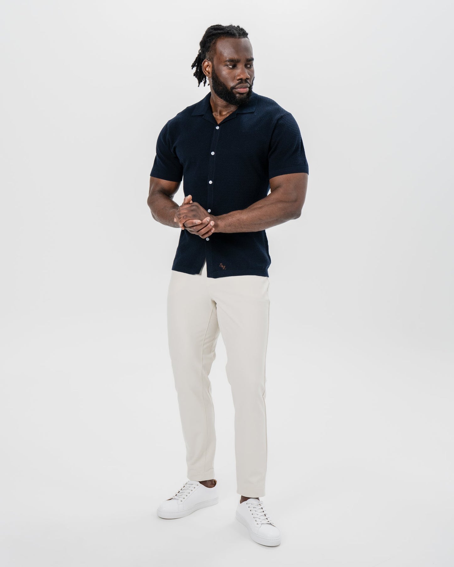 State & Liberty Textured Knit Short Sleeve Button Down - Navy