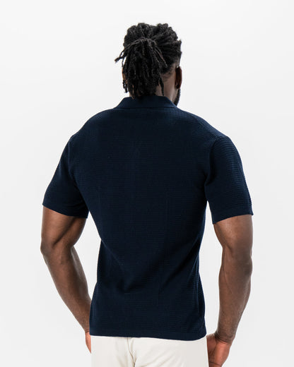 State & Liberty Textured Knit Short Sleeve Button Down - Navy