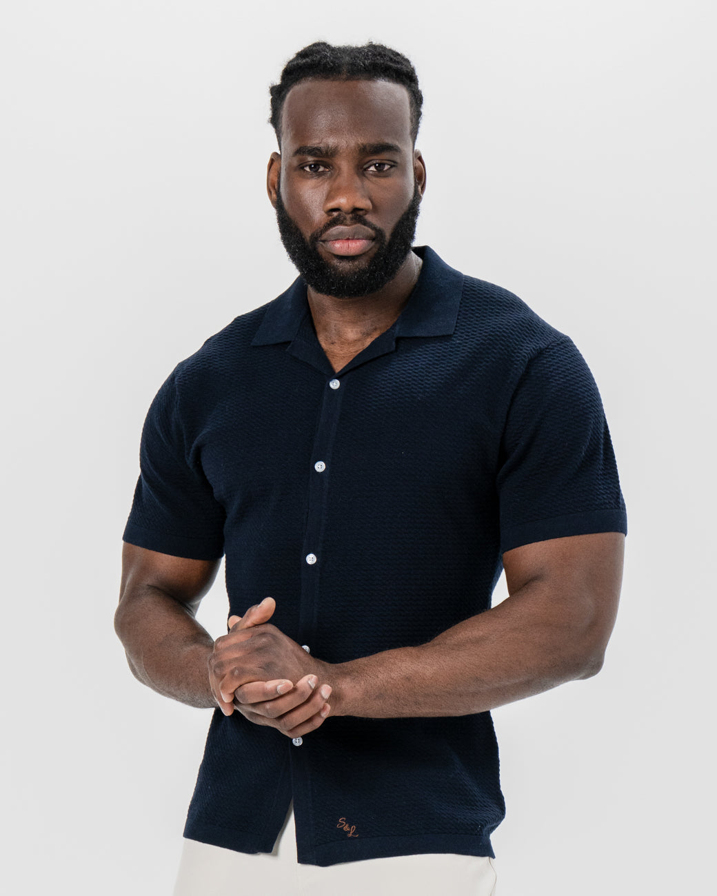 State & Liberty Textured Knit Short Sleeve Button Down - Navy